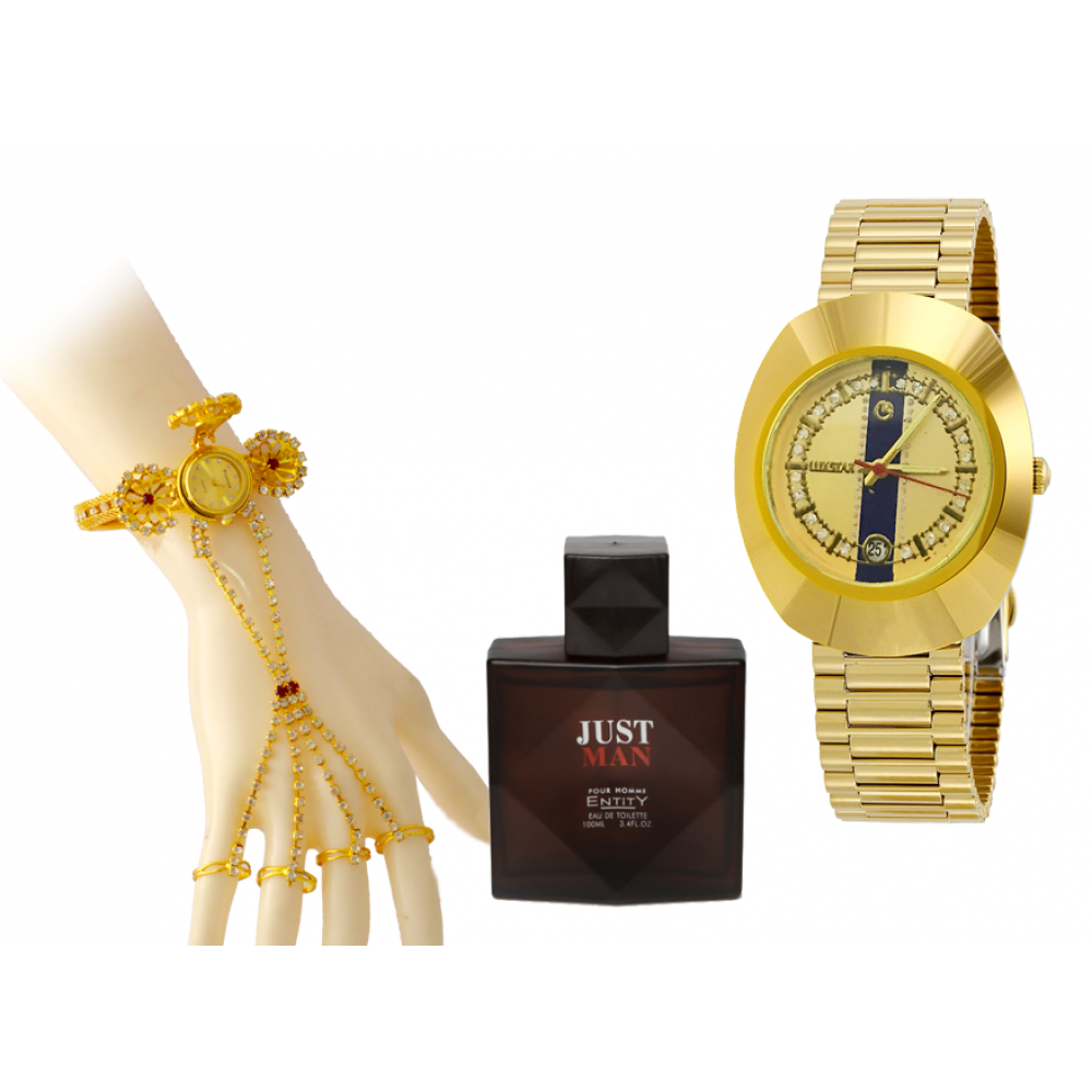 Buy 3 In 1 Bundle Offer, Lux Star Stainless Steel Watch For Men, Arabic Bangle Watch With 4 Rings, Entity Just Man Perfume , 100ML, LX24
